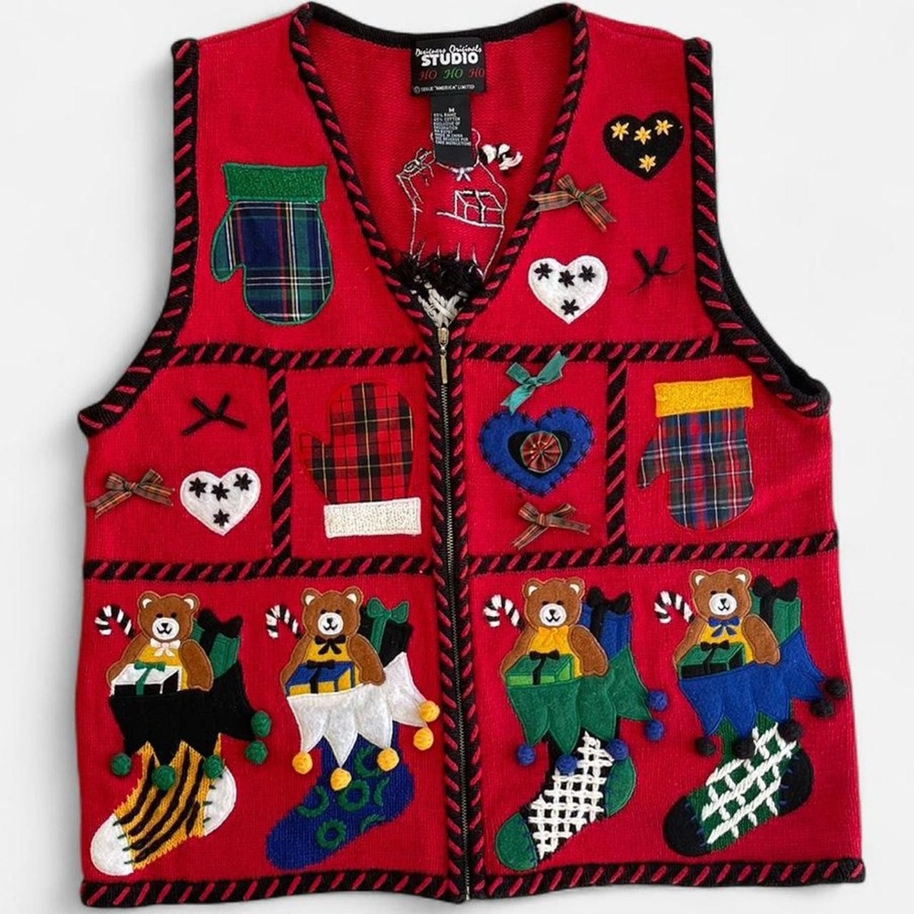 Vintage Designers Originals Red Embroidered Christmas Teddy Bears Sweater Vest
